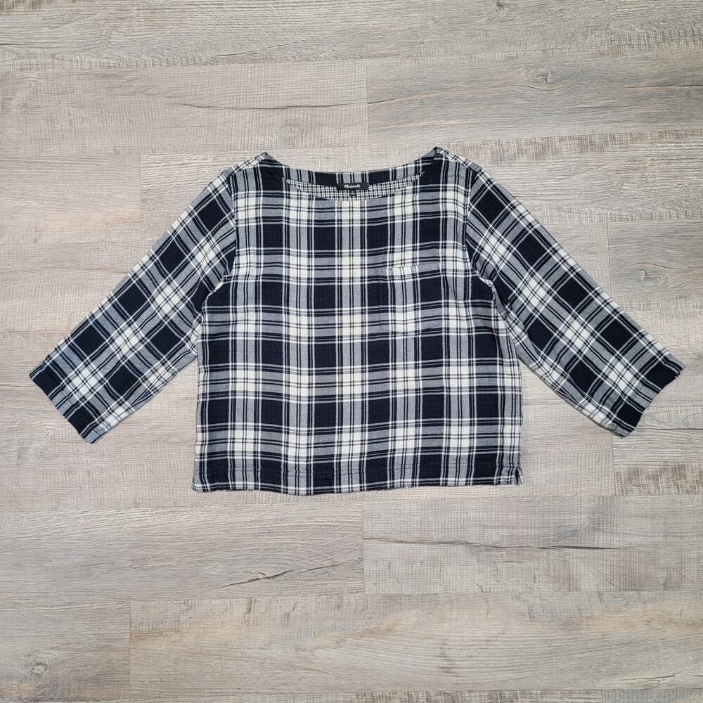 Madewell Boxy Oversized Plaid Cropped Boat Neck 3/4 Sleeve Cotton Shirt Large